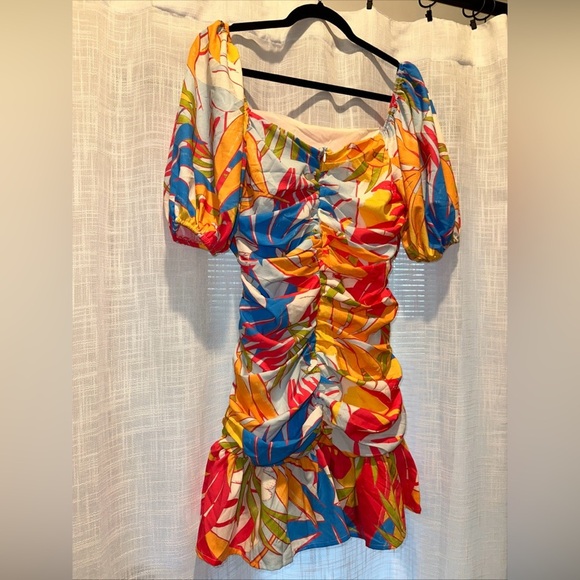Flying Tomato Womens Sz L Mini Dress Colorful Vacation Tropical Puff Sleeve - Picture 12 of 12
